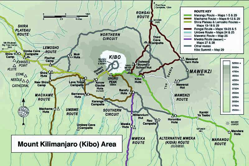 Map showing mount kilimanjaro routes